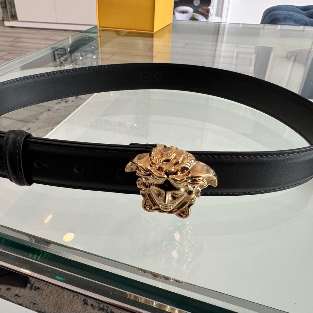 Versace Black Leather Belt with Gold Medusa Buckle